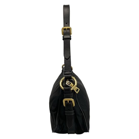 Prada Shoulder Bag Logo Jacquard Black Leather Tag - Picture 2 of 15